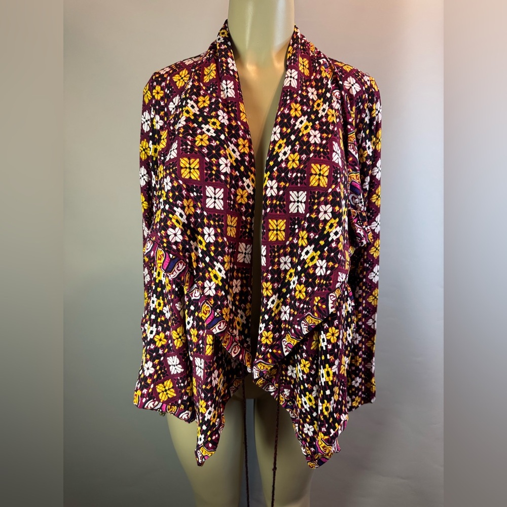 Tigerlily Waterfall Open Cardigan Jacket Burgundy Yellow Floral Print Sz 8